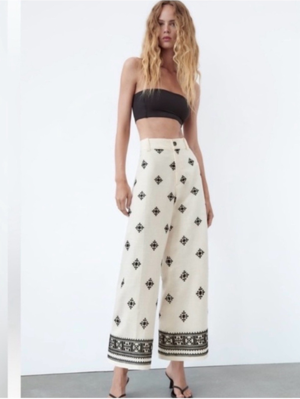 Zara Embroidered Wide-Leg ankle Pants in Ivory size medium - Picture 3 of 7